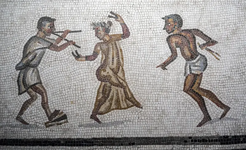 Mosaico con escenas de música y danza. Mosaico policromado. Finales del siglo II d. C. Hallado en el jardín de Santa Sab