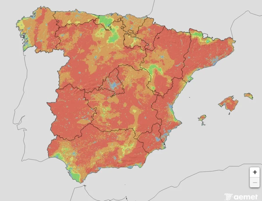 Mapa de la península y Baleares con riesgo de incendios forestales este jueves | Imagen de Aemet